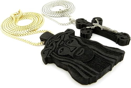 Miniatura 4 de Jesús Cara, colgante de la Cruz de madera con 2 mm 24," 30" Caja Cadena 2 Collar Set Jet Negro tono