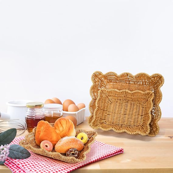 Jucoan 3 Pack Poly Wicker Bread Baskets, Imitation Rattan Fruit Baskets, Rectangular Tabletop Woven Serving Baskets Trays for Fruits Vegetables and Snacks, Restaurant Hotel Kitchen