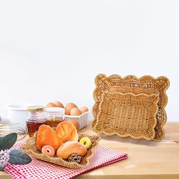 Jucoan 3 Pack Poly Wicker Bread Baskets, Imitation Rattan Fruit Baskets, Rectangular Tabletop Woven Serving Baskets Trays for Fruits Vegetables and Snacks, Restaurant Hotel Kitchen