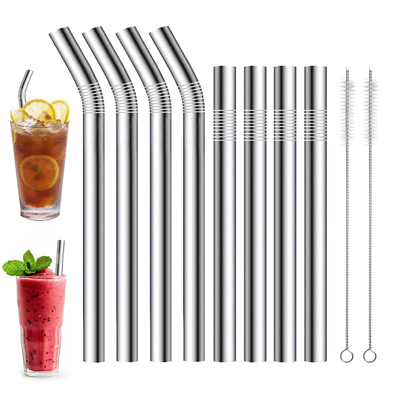 8 Piezas Pajitas Reutilizables, Pajitas de Acero Inoxidable con 2 Cepillos de Limpieza 4 Rectas y 4 Curvas para Lavavajillas para Bubble tea Batidos y Bebidas Calientes