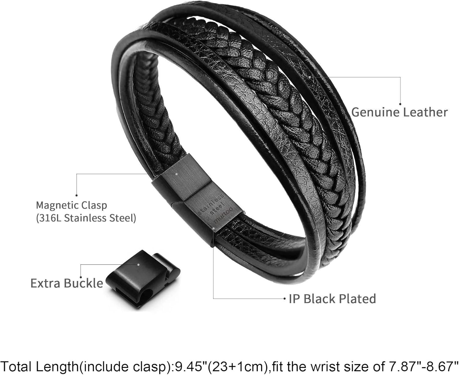 murtoo Mens Leather Bracelet with Clasp Cowhide Multi-Layer Braided Leather Mens Bracelet - Image 2