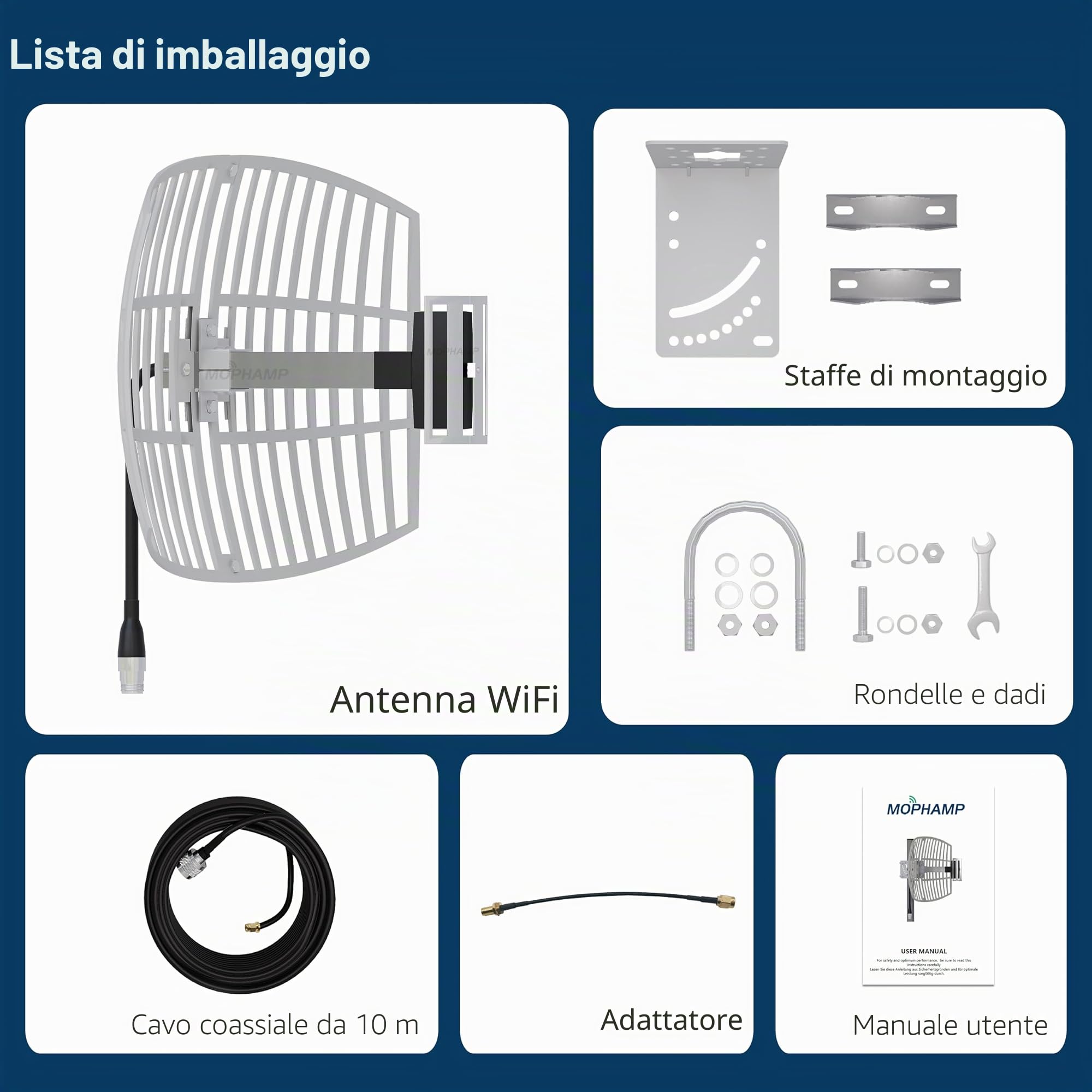 Antenna a griglia WiFi da 2,4 GHz con guadagno da 17 dBi – ricezione WiFi a lunga distanza fino a 15 km, resistente alle intemperie, con cavo a bassa perdita da 10 m, compatibile SMA e RP-SMA