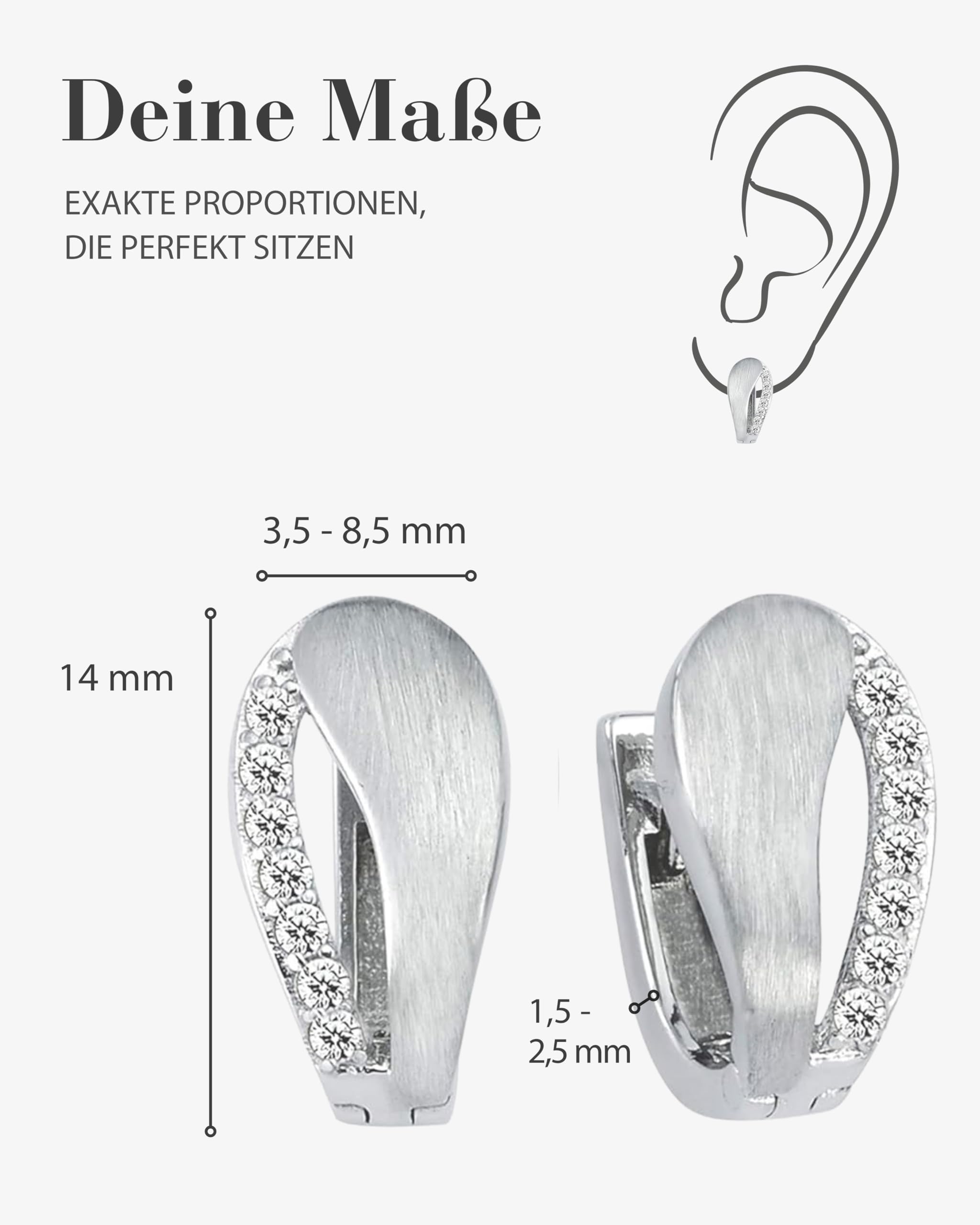 Vinani Damen Ohrringe 925 Silber - Klapp-Creolen mattiert Zirkonia weiß - 925 Sterling Silber für Frauen - 2CZR
