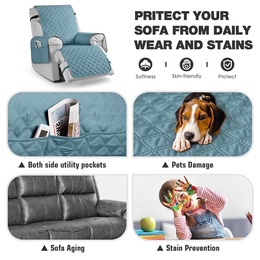 TAOCOCO 100% Waterproof Recliner Chair Covers, Reversible Recliner Covers with Leg Straps, Washable Recliner Sofa Covers for Reclining Chair Furniture Dog Protector with Pocket (Sky Blue, 23.6'') - image 4