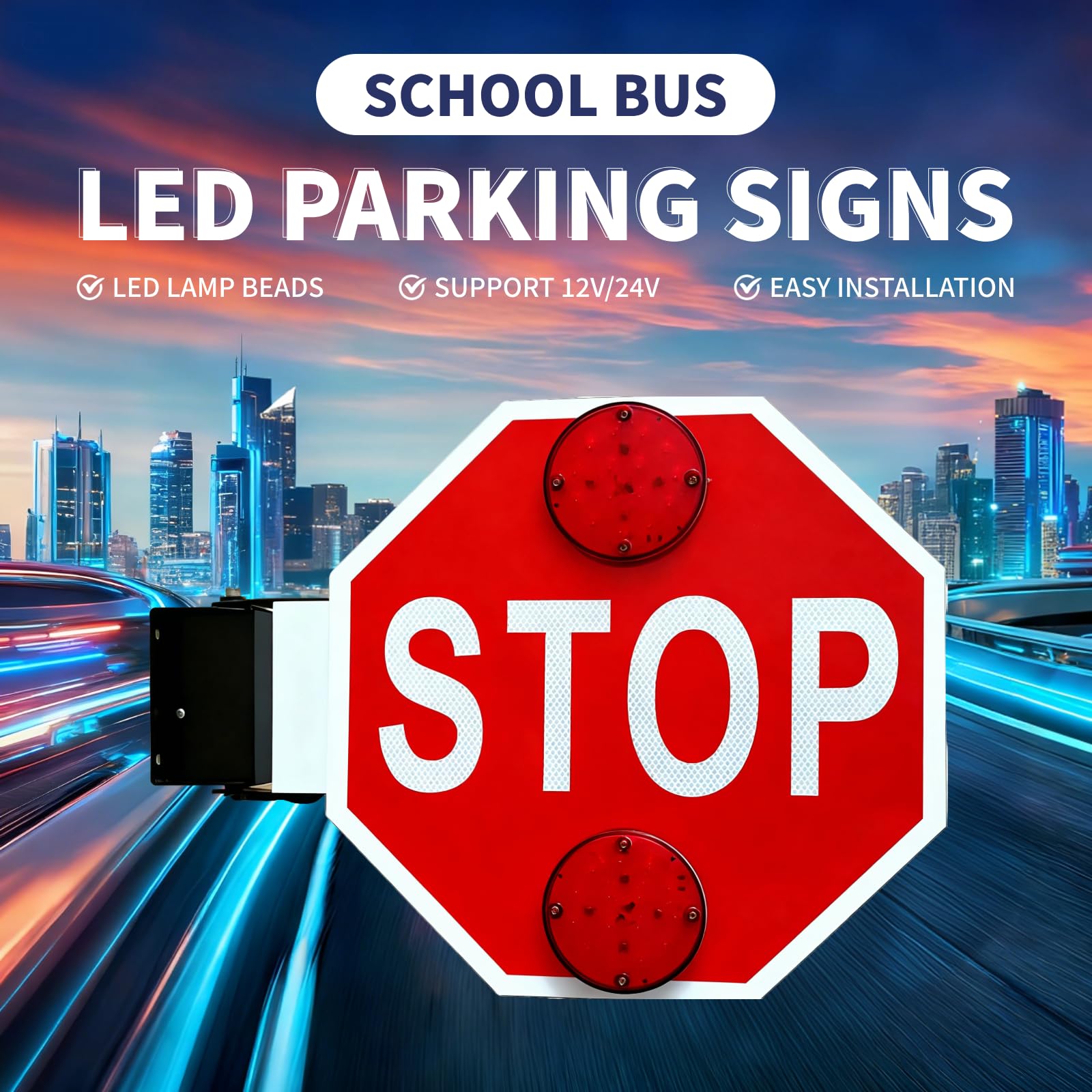 Znak stopu do autobusu szkolnego – migający znak ostrzegawczy LED, wysoka widoczność z folią odblaskową klasy inżynierskiej, kompatybilny z systemami 12 V/24 V