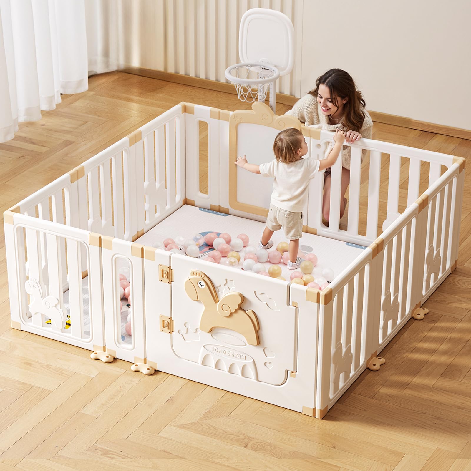 UBRAVOO Parc bébé avec panier de basket, parc de jeu sécurisé Angel Horse avec tableau blanc et 30 balles de piscine colorées, intérieur ou extérieur (kaki, 12 panneaux)