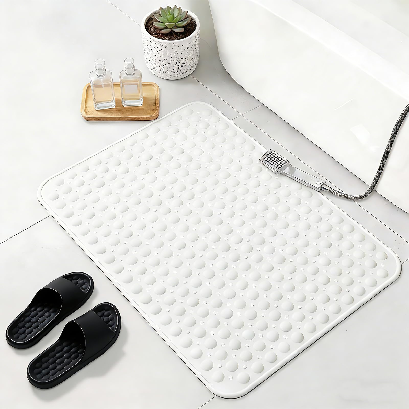 Tappetino Doccia Antiscivolo, 60 x 90 cm Tappetino da Doccia Antiscivolo, Tappeto da Bagno Lavabile in Lavatrice, Tappeto da Bagno con Ventose e Fori di Scarico, per Doccias (Bianco)