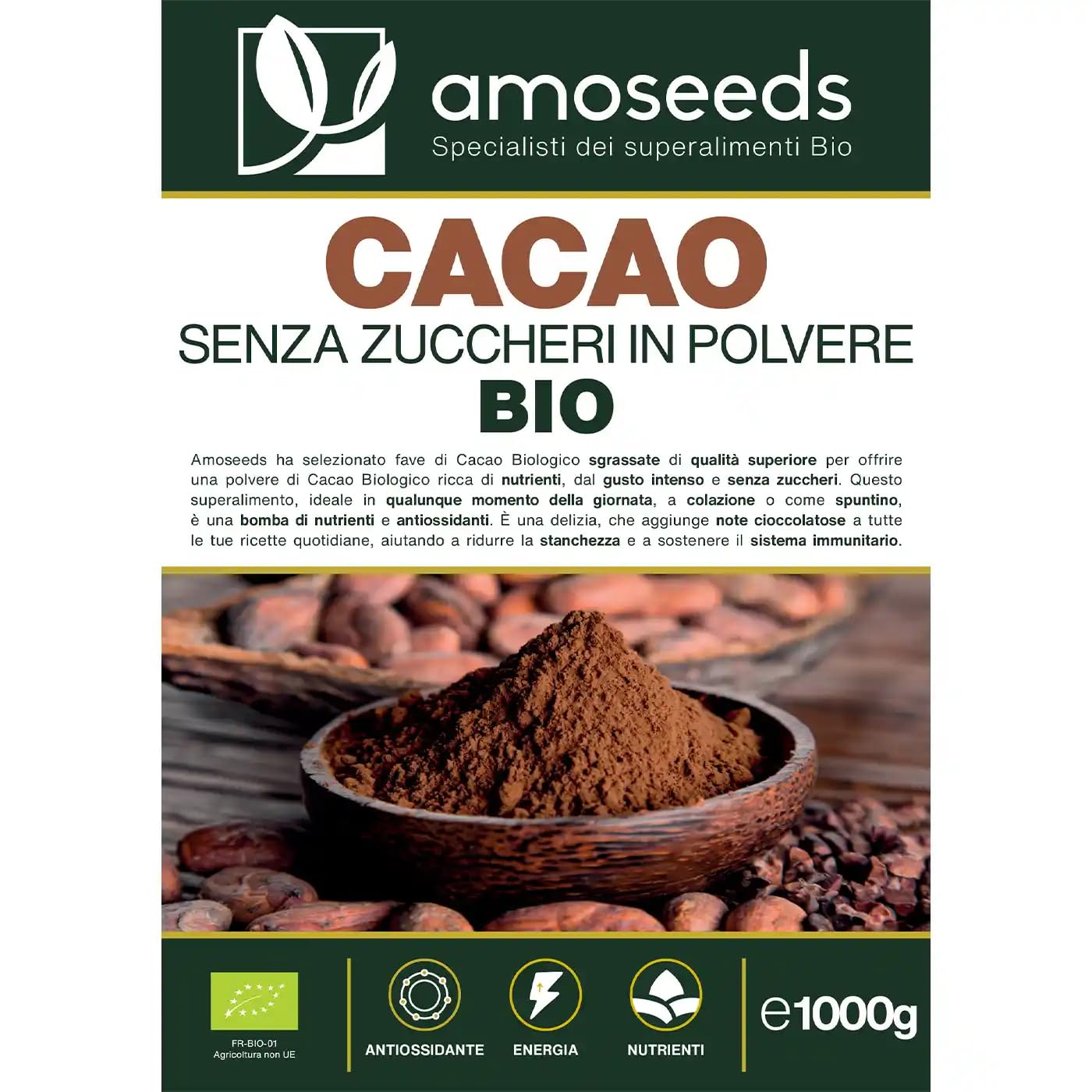 Cacao Senza Zuccheri in polvere BIO 1KG | Fave sgrassati di Cacao Bio, 100% puro | Gusto Intenso di Cioccolato | Qualità superiore