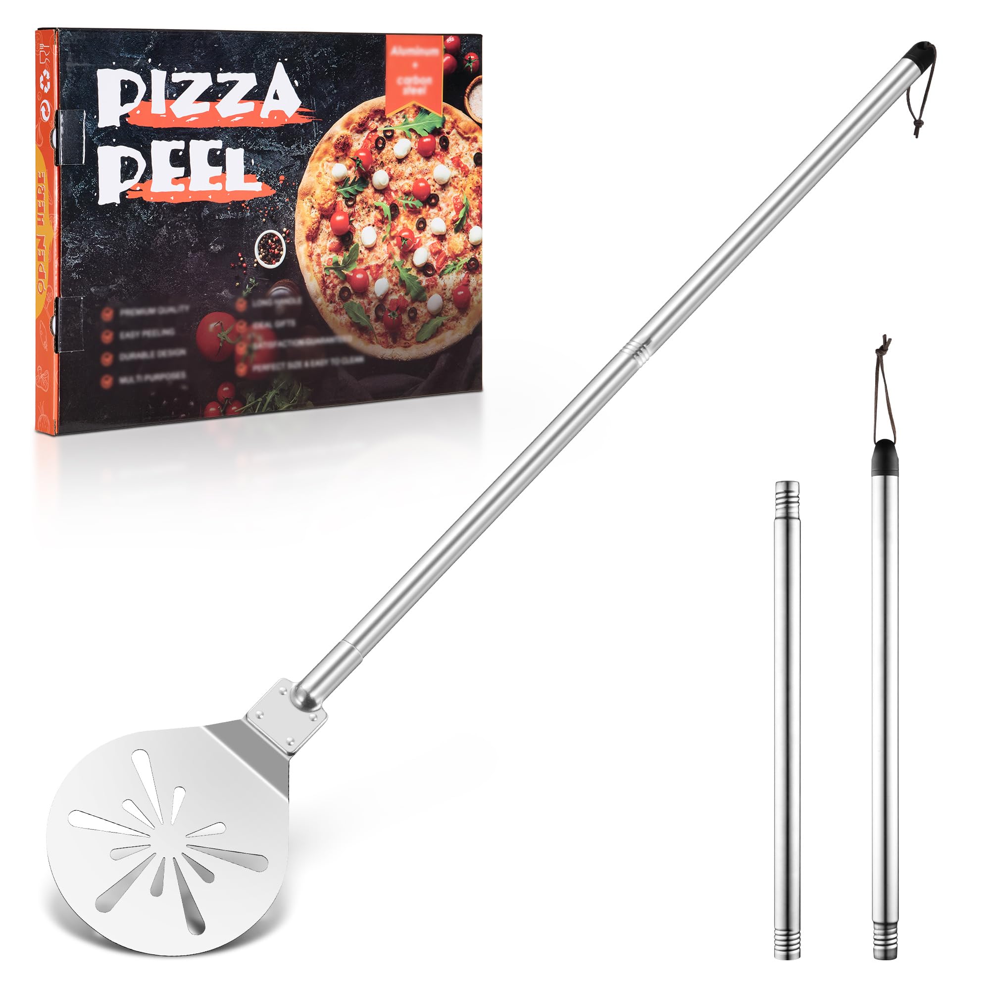 Herogo Pizza Turning Peel, 8 Inch Stainless Steel Perforated Pizza Paddle with Long Detachable Handle, Round Pizza Shovel for Baking Pizza, Metal Turning Tools for Oven Grill, Easy Clean & Storage