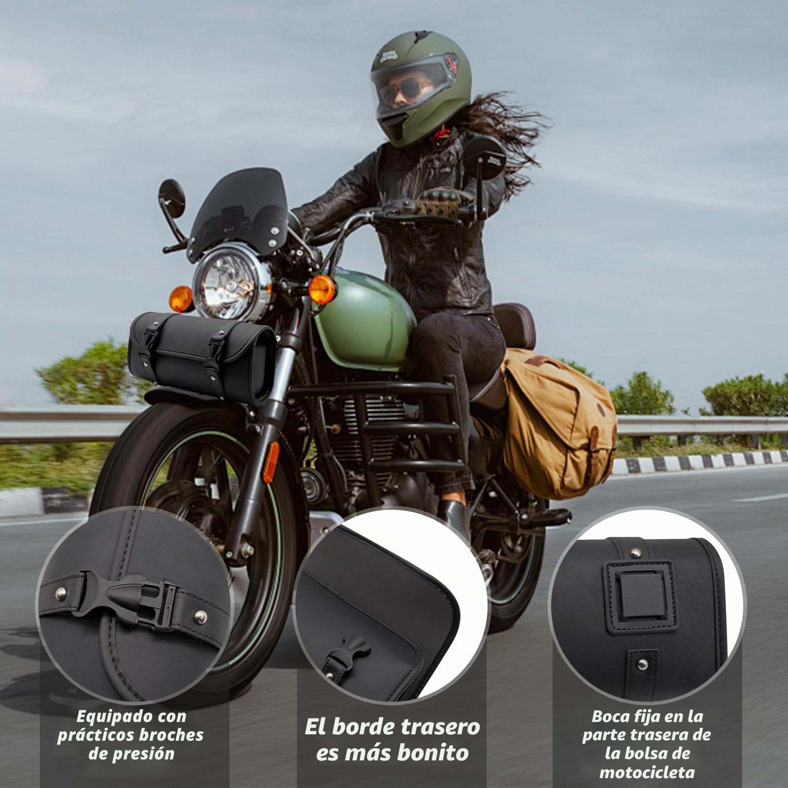 Bolsa de Herramientas para Motocicleta de Cuero PU - Bolsa de Sillín, con 2 Correas de Sujeción, Compatible con Manillar y Horquilla (para Harley, Yamaha, Honda, Kawasaki)