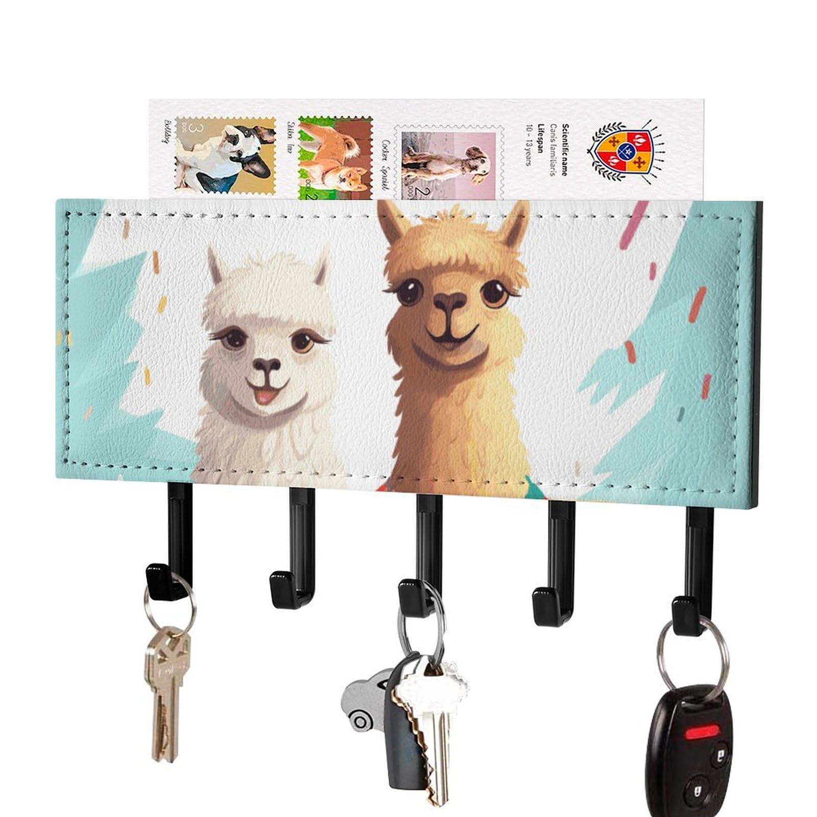 DWVTSLH Llama Alpaca Key Holder for Wall, Decorative Key Hooks with Mail Organizer & 5 Hooks, Self Adhesive Leather Key Hanger for Entryway, Wall Mounted Key Rack (7.1” X 4.3” X 0.9”)