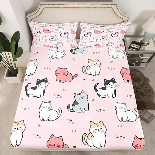 Miniatura 2 de Erosebridal - Juego de ropa de cama con impresión de gatos de dibujos animados - Sábanas lindas con estampado de gatitos para niños, tamaño