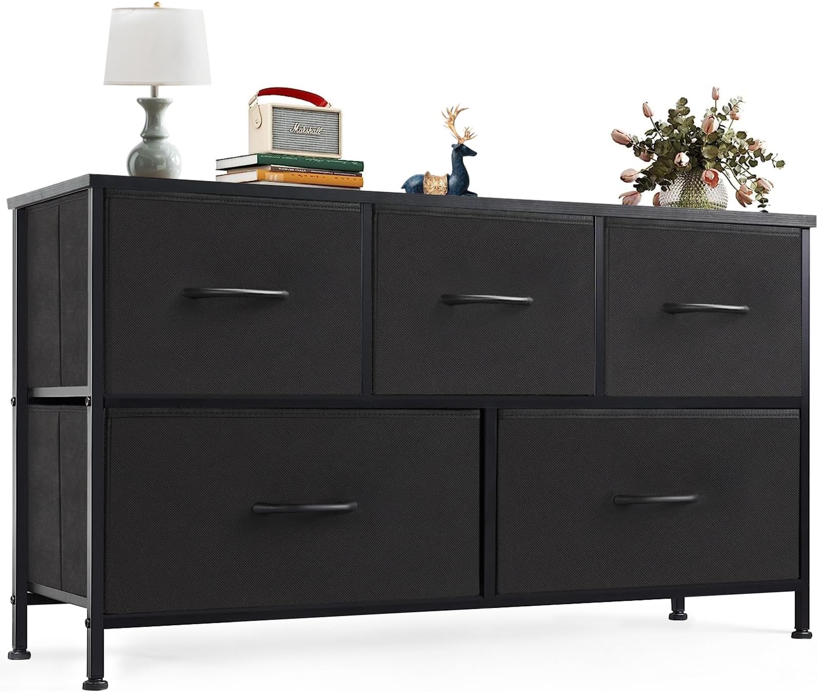 OLIXIS Dresser for Bedroom with 5 Drawers, Wide Chest of Drawers, Fabric Bedroom Dresser with Drawer Organizer, Storage Organizer Unit with Fabric Bins for Closet, Living Room, Hallway, Classic Black