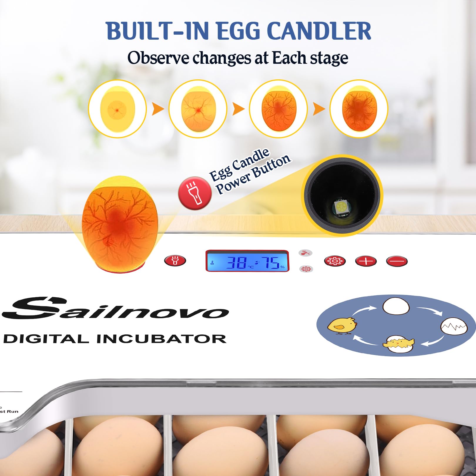 Sailvono 20 Incubateur entièrement automatique, avec ajout d'eau externe, contrôle de la température, éclairage LED, retournement automatique des œufs, de poules - Blanc
