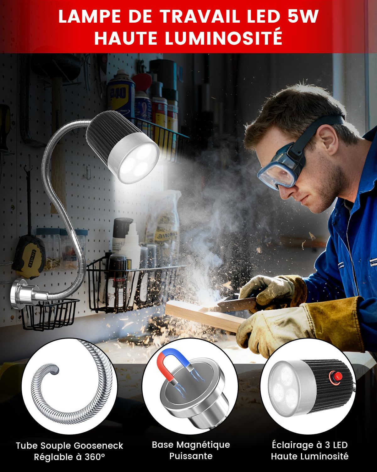 Klarlight 5W Lampe de Machine Magnétique, Lampe de Travail LED Magnétique avec Col de Cygne Flexible et Socle Magnétique Puissant, Blanc Froid 6000K pour Machine à Coudre, Gril, Atelier