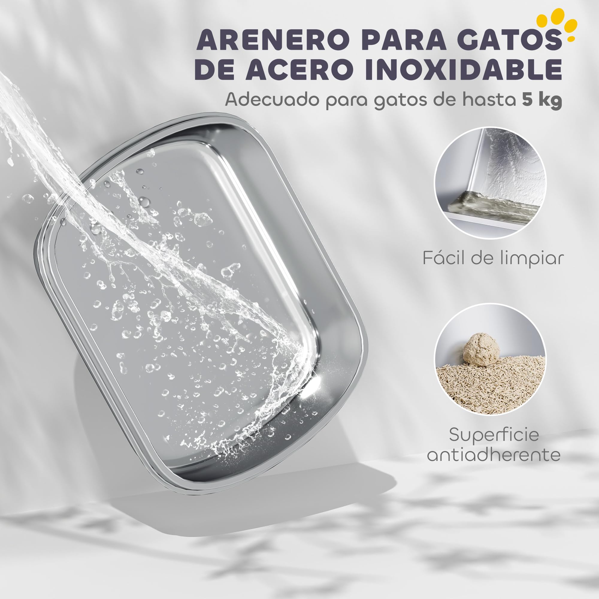 PawHut Arenero Gatos de Acero Inoxidable Cubierto 52,4x41,3x39,9 cm Gris | Caja de Arena para Gatos, Arenero, con Bolsa Desodorizante, Pala, Fácil de Limpiar