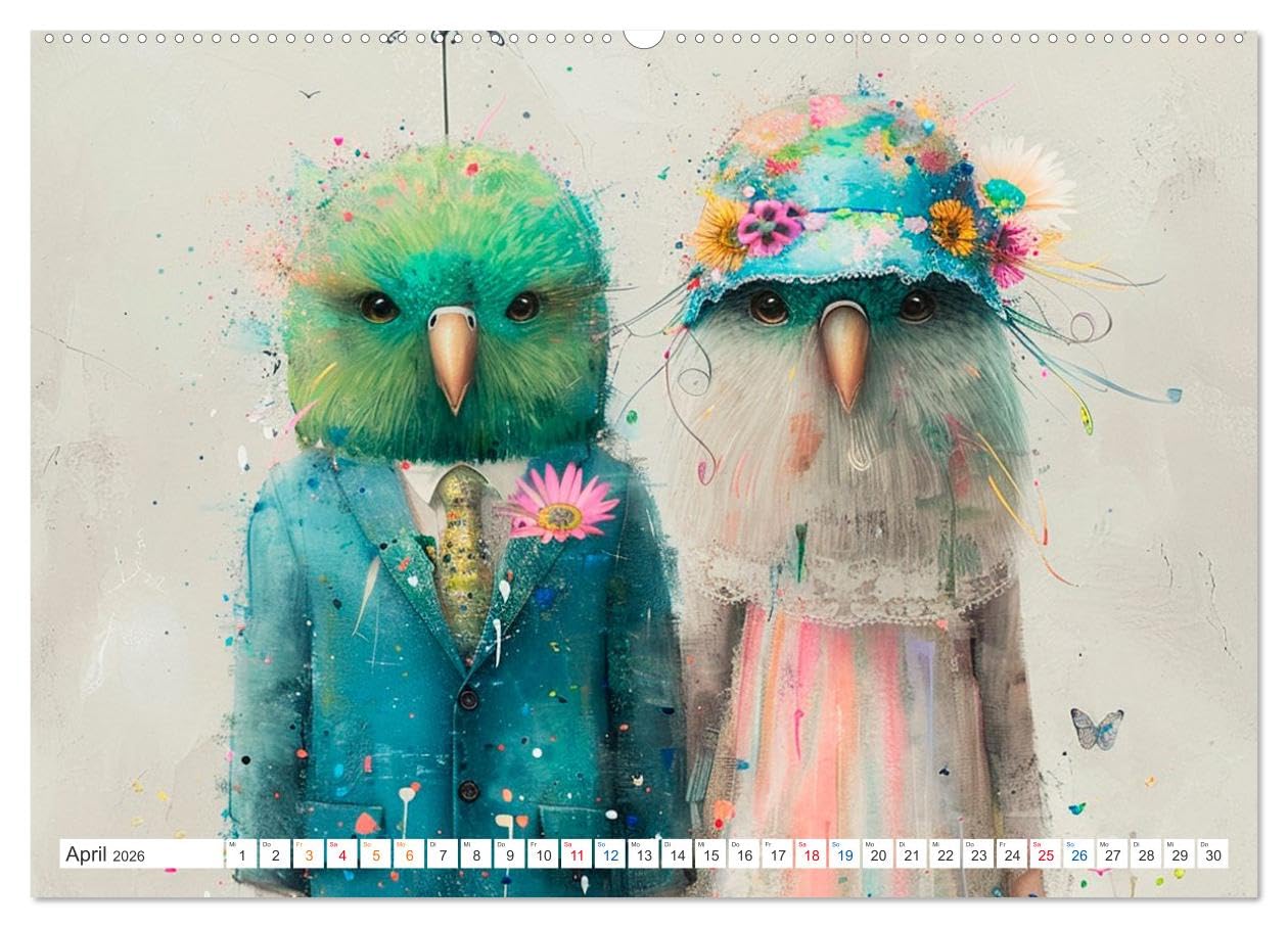 Federzauber und Hochzeitsfreuden (hochwertiger Premium Wandkalender 2026 DIN A2 quer), Kunstdruck in Hochglanz: Eine Vogelhochzeit neu dargestellt (CALVENDO Tiere)