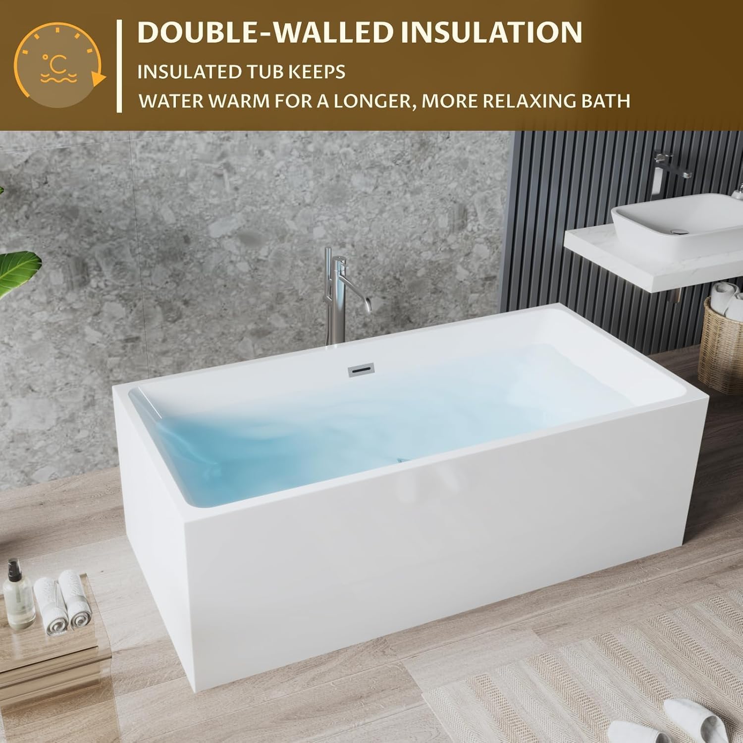 67" Acrylic Free Standing Bathtub, White Contemporary Soaking Tub with Chrome Overflow & Drain, Easy to Install Modern Bath Tub - Image 3