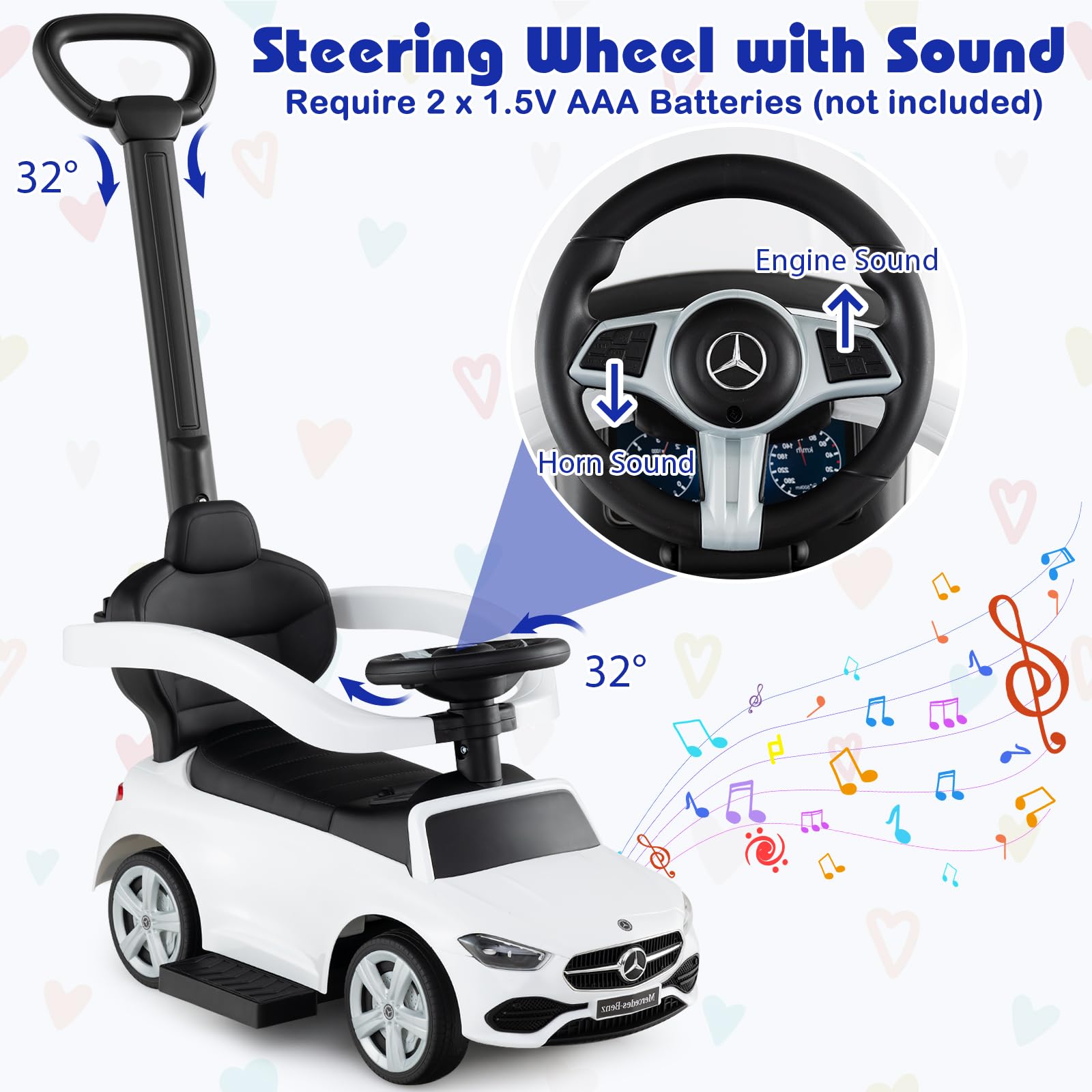 SOARS Macchina Cavalcabile per Bambini con Licenza Mercedes-Benz 3 in 1, Capote Regolabile, Guida Realistica con Volante e Clacson, Capacità di Carico 25 KG, per Bambine e Bambini 1-3 Anni (Bianco)