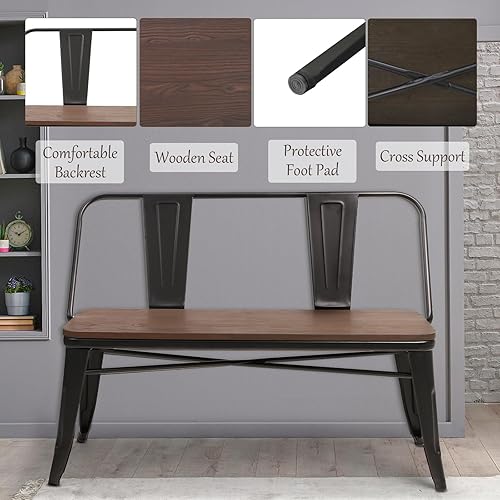 Miniatura 5 de YOLENY Banco de comedor, banco de entrada con respaldo, banco de comedor de metal de granja, banco industrial de mediados de siglo para 3 personas,