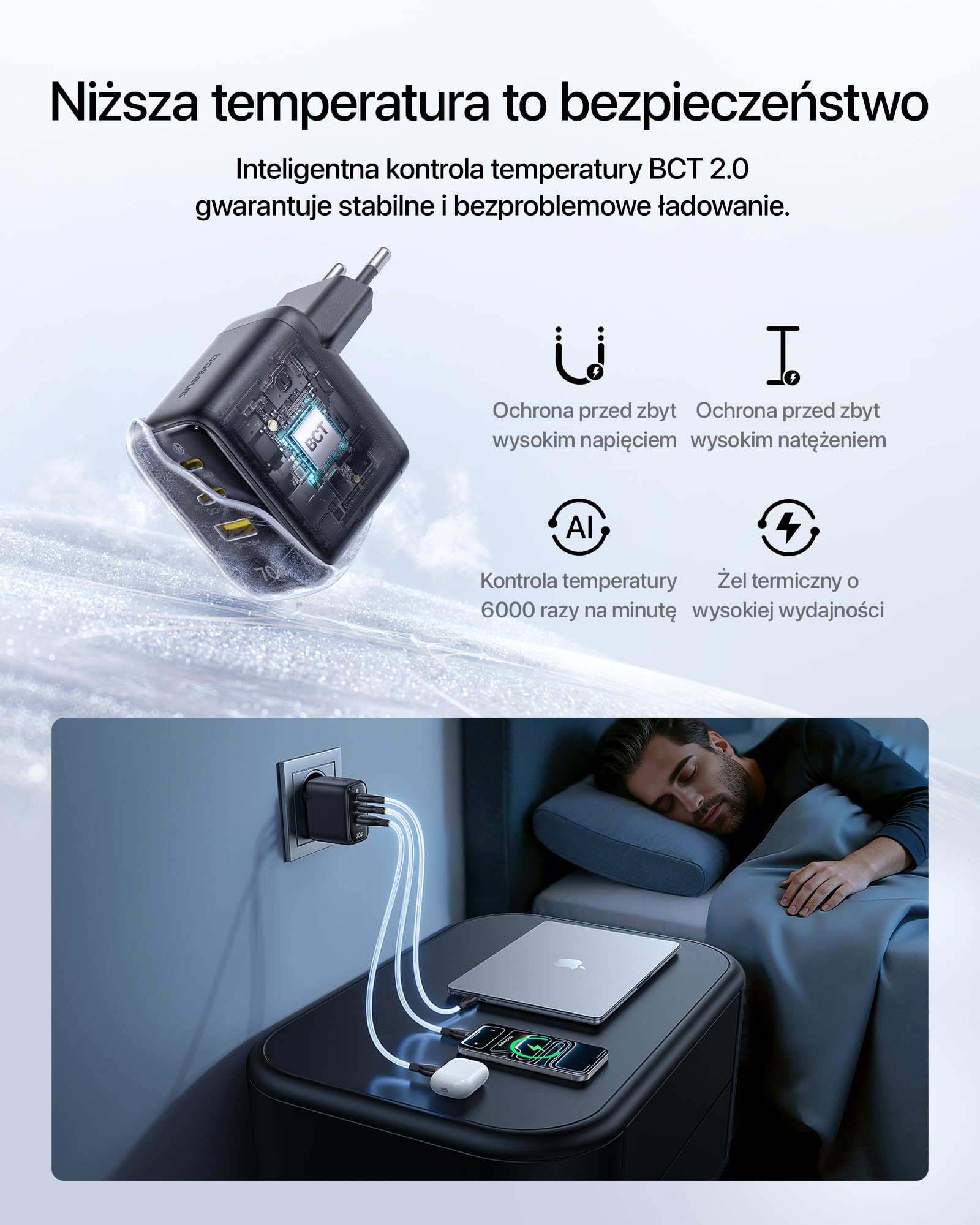Baseus Enerfill Ładowarka USB C 70W, 3-portowa ładowarka GaN6 z szybkim ładowaniem, kompaktowa ładowarka do MacBook Air, iPhone 17/16/15 Pro Max, iPad Pro, Galaxy S25/S24, Pixel, laptopa i innych