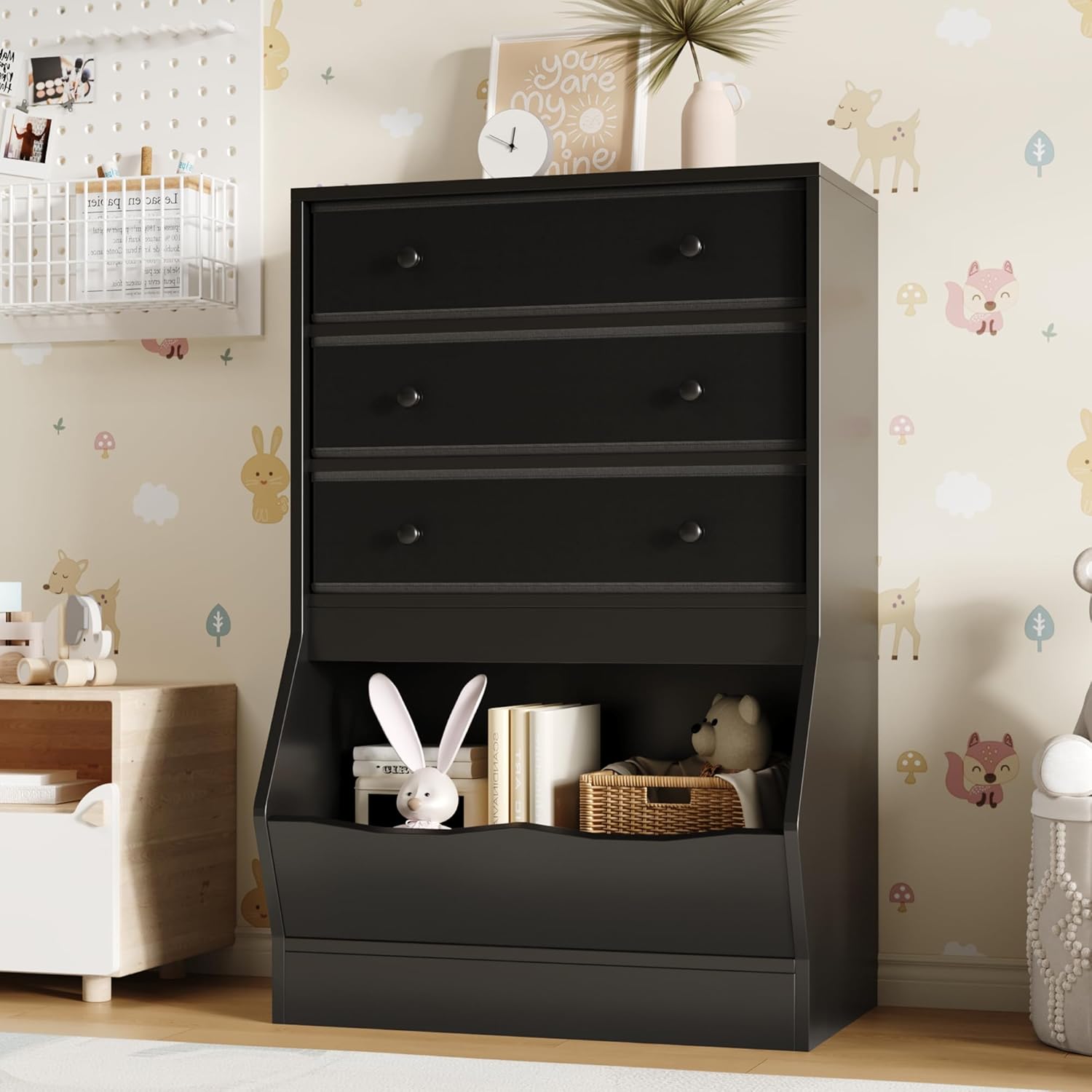 MHOM Toy Storage Organizer with Open Cube, Kids Bookshelf and Toy Storage with PU & Non-Woven Fabric Drawers, Small Book Shelf for Kids Rooms, Playroom and Nursery, Black