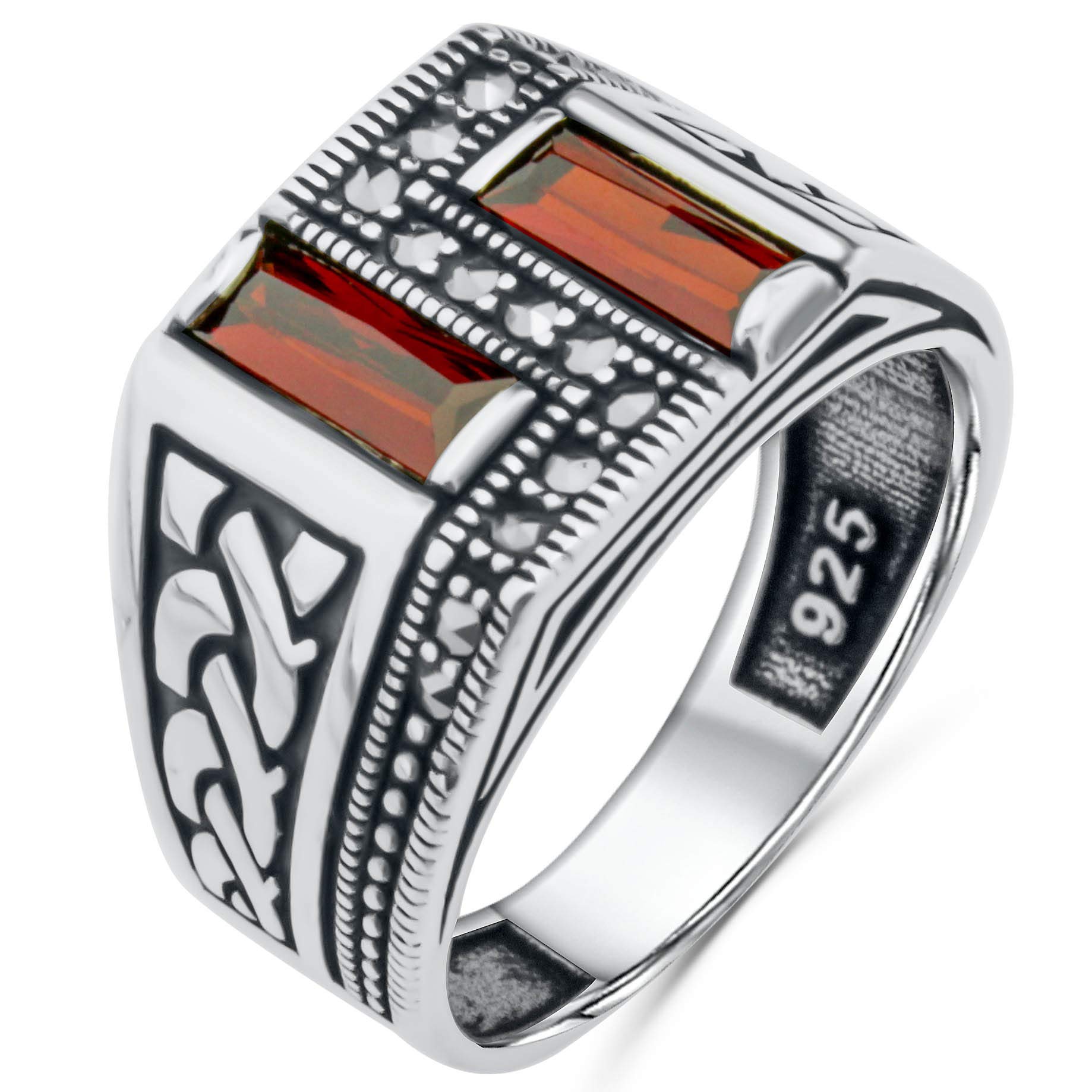 Solid 925 Sterling Silver Turkish Handmade with Baguette Cut Simulated Red Ruby Stone & Marcasite Stone Men's Band Ring