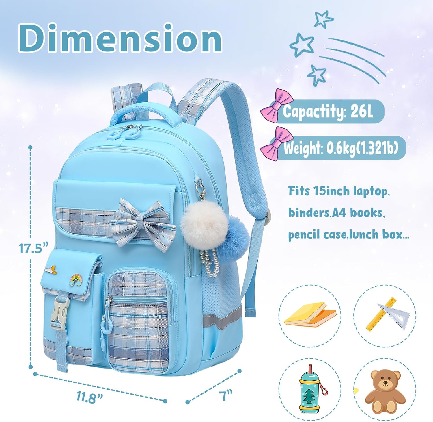 School Backpack for Girls Kids Bookbag for Elementary Middle School Casual Travel Daypack Teen Backpacks Blue - Image 5