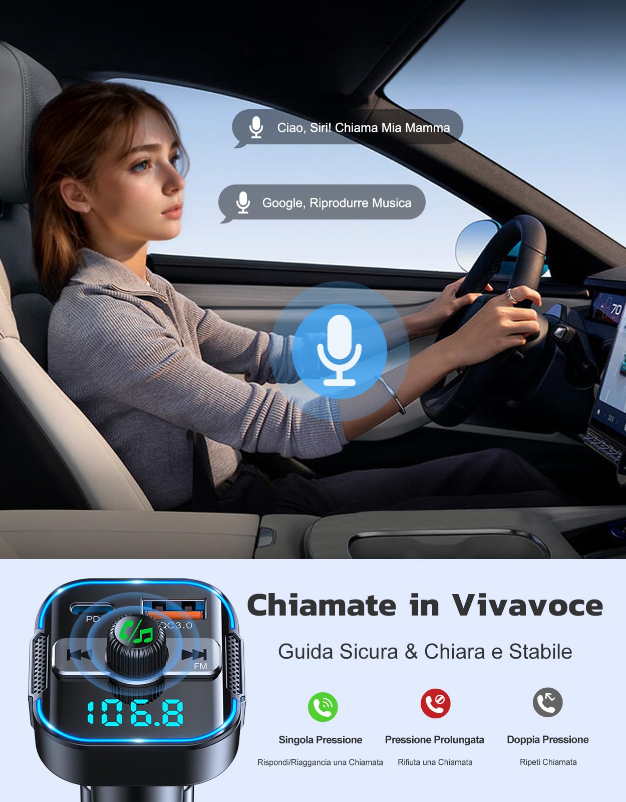 Glangeh Trasmettitore FM Bluetooth 5.3 per Auto [Ricarica Rapida PD 45W+QC3.0 36W], 2026 Upgrated Adattatore Bluetooth Auto Audio Radio con Doppi Microfoni, Car Kit Chiamata Vivavoce, Supporta Siri