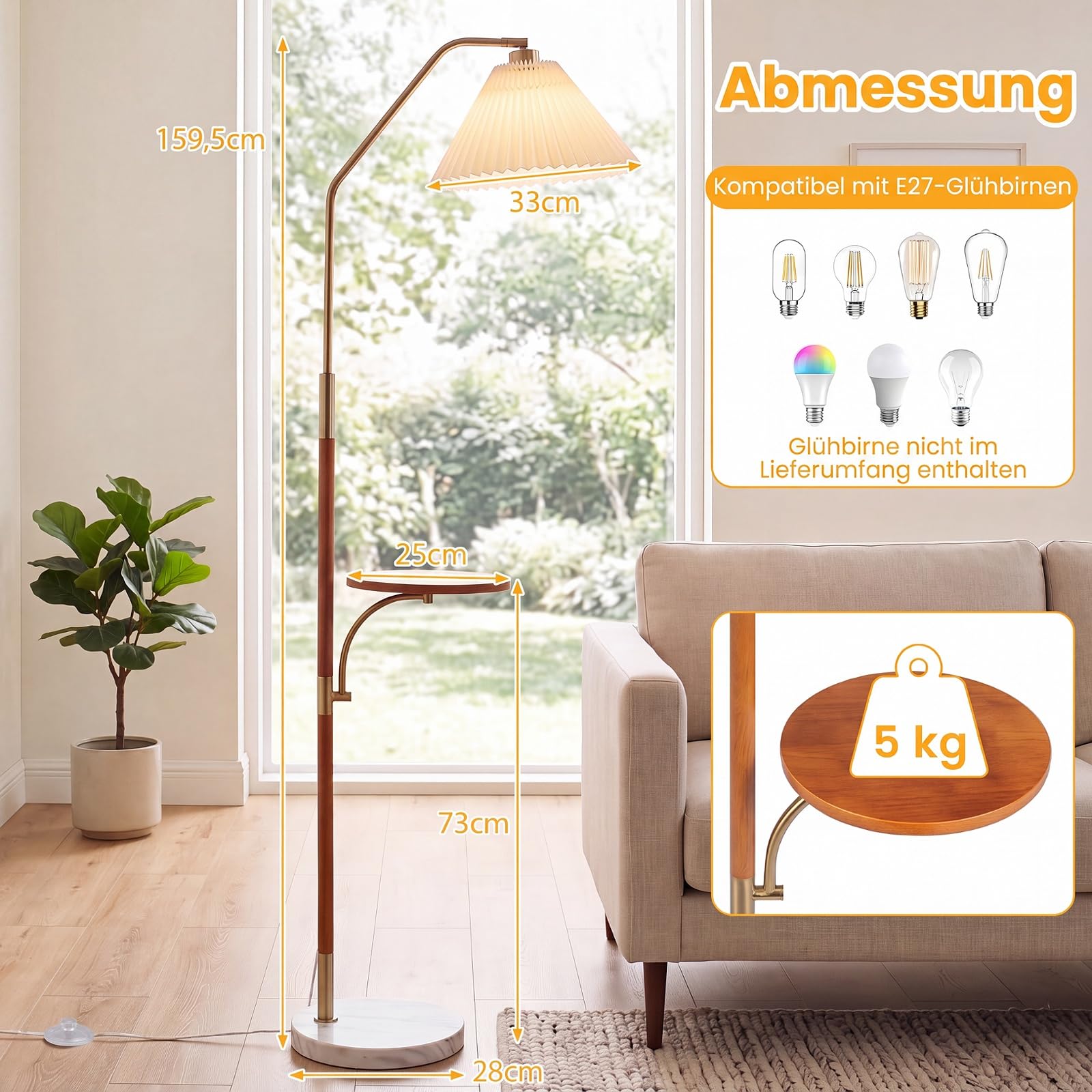 COSTWAY 160 cm lampa stojąca z plisowaną papierowym abażurem, półka, oprawa
