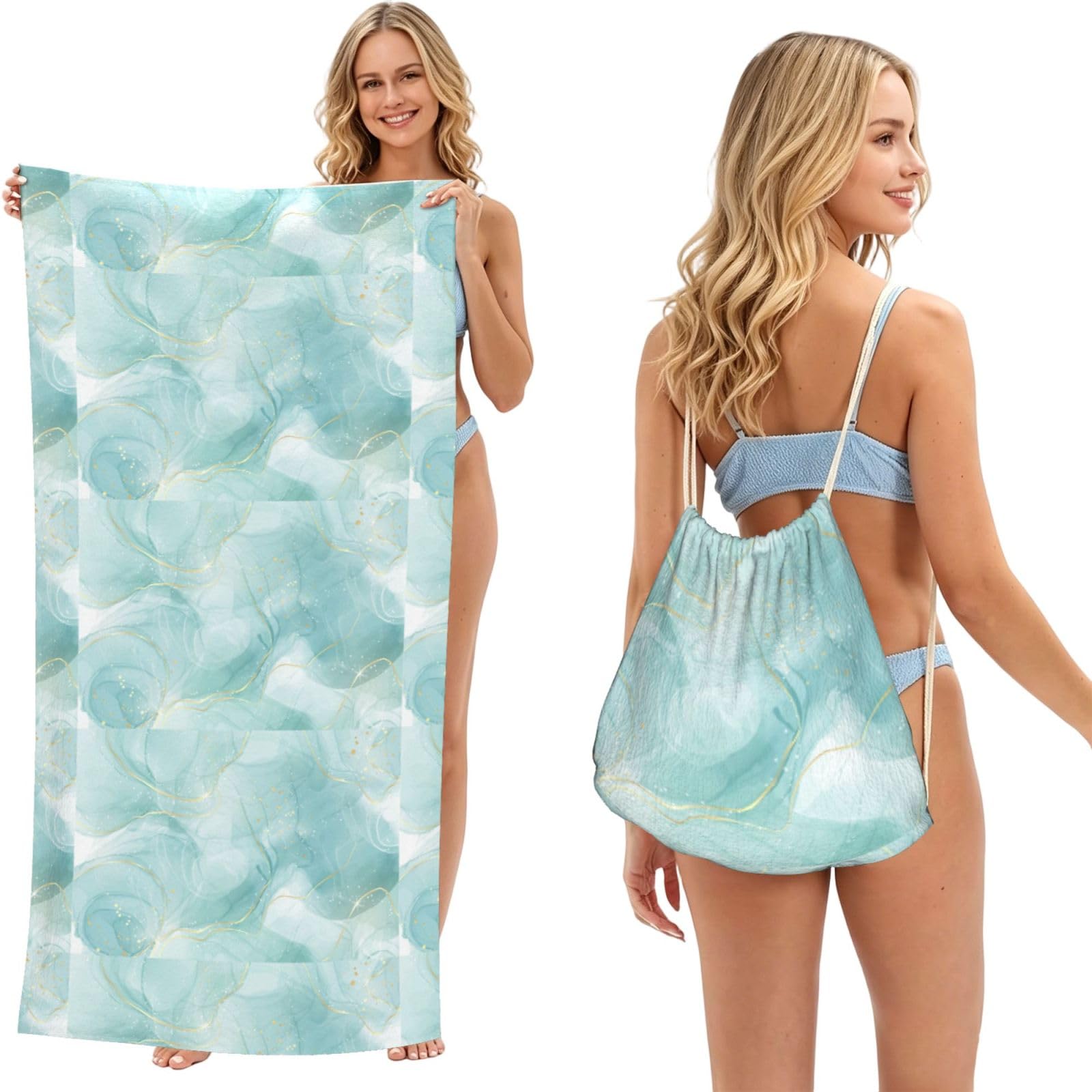 Poadnly As Picture Pastel Mint Green Marble, 2 In 1 Packable Towel Bag, Beach Towels With Drawstring Backpack For Travel Holiday Camping