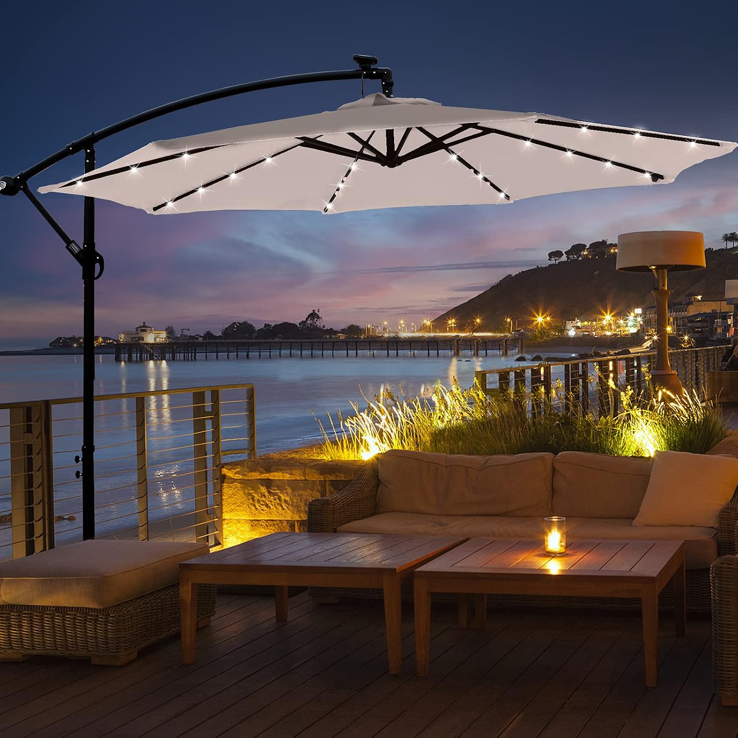 SUNLAX Solar Offset Umbrella, 10ft Cantilever Hanging Beige Umbrella with 32 LED Lights Market Deck Patio Umbrellas Cross Base Included