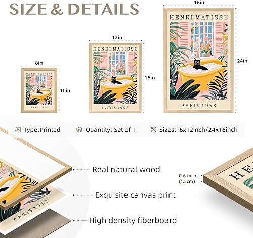 Miniatura 7 de kilamino Wood Framed Funny Bathroom Wall Art, Henri Matisse Black Cat Wall Decor, Cute Black Cat Bathing Art Print, Colorful Animal Canvas Painting