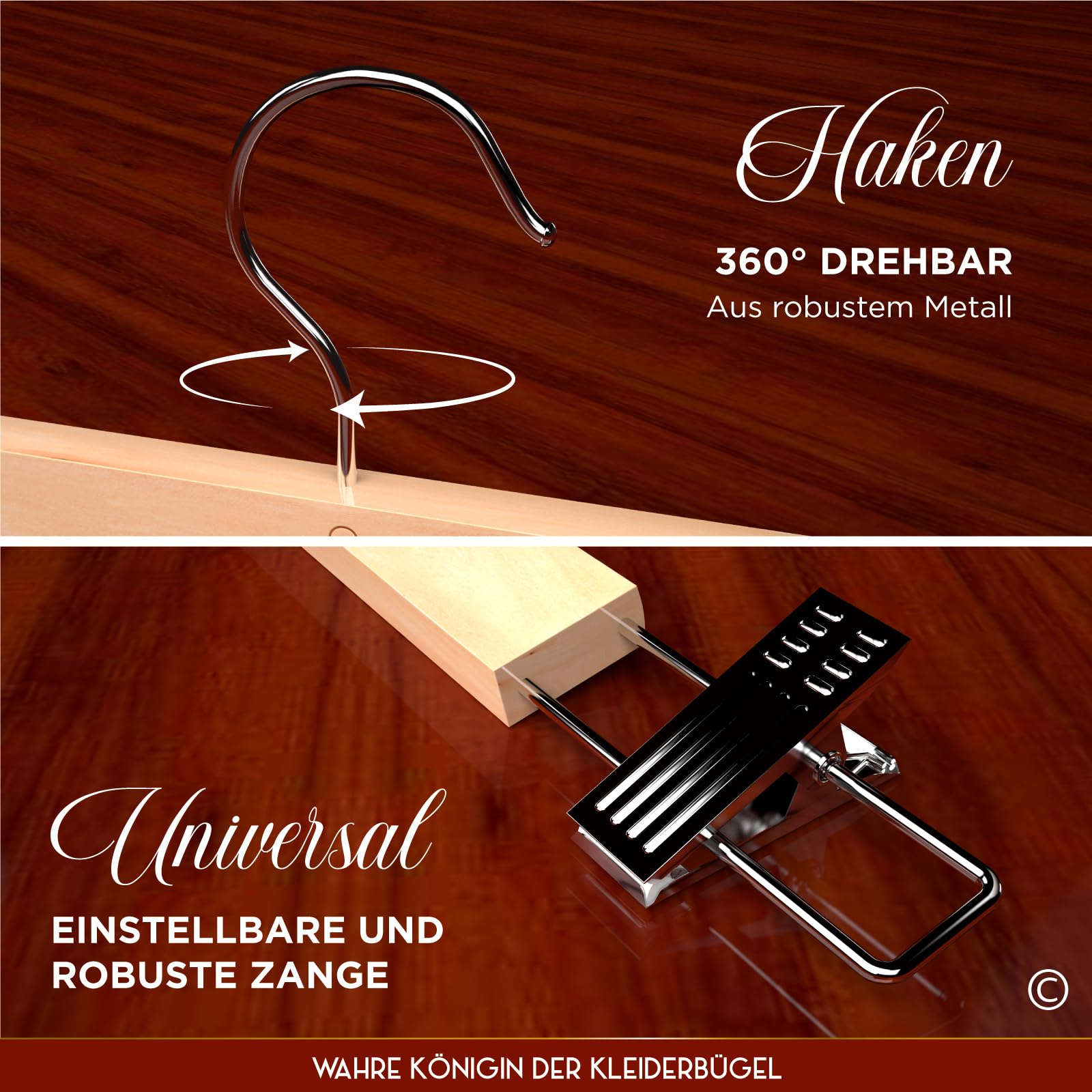 50 Kleiderbügel mit Klammern aus Holz 13x33cm Hosenbügel Röcke Jeans - RealGruccia 360° Drehbarer Haken aus Widerstandsfähigem Metall - Polierte Ausführung - Platzsparende Verstellbare Clips Stabil