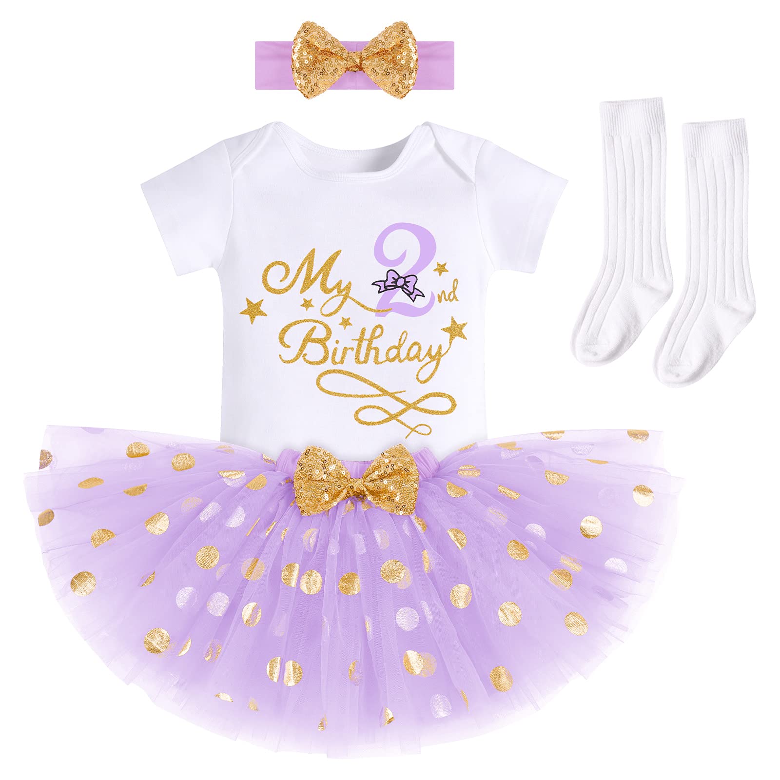Newborn Infant Toddler Birthday 4 Piece Outfits for Baby Girl First Birthday Cake Smash Romper Bodysuit Onesies Jumpsuit Banquet Formal Set Princess Photo Props Casual Clothes Purple-2nd 2T
