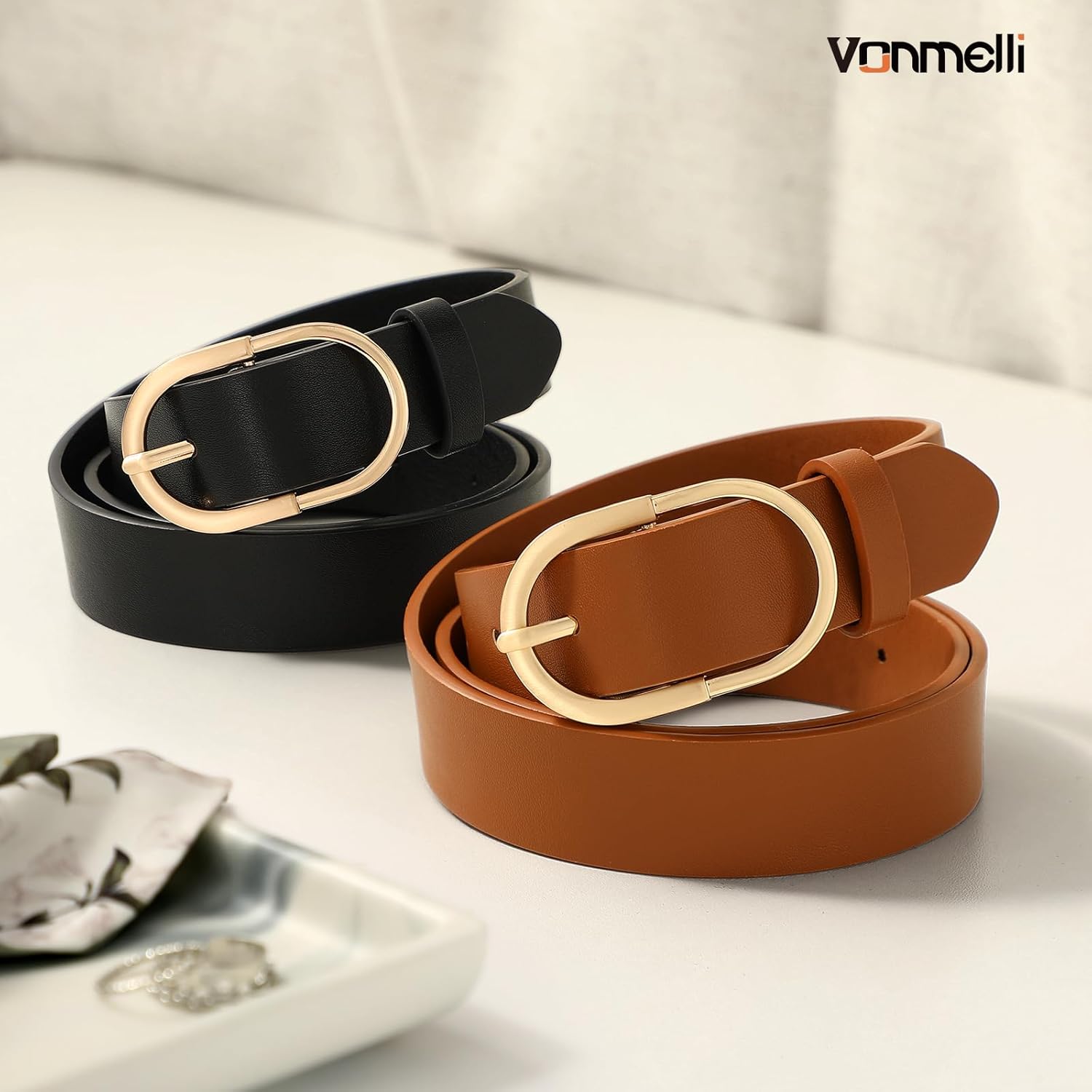 VONMELLI 2 Pack Women's Belts for Jeans Pants Fashion Gold Buckle Ladies Dress Belt - Image 3