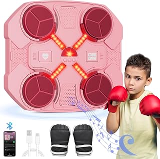 Máquina de Boxeo Musical, Máquina de Boxeo Inteligente Bluetooth, Máquina de Boxeo montada en la Pared con 3 Niveles de Velocidad, Carga USB, Guantes de Boxeo, Luces Coloridas para niños (Rosa)