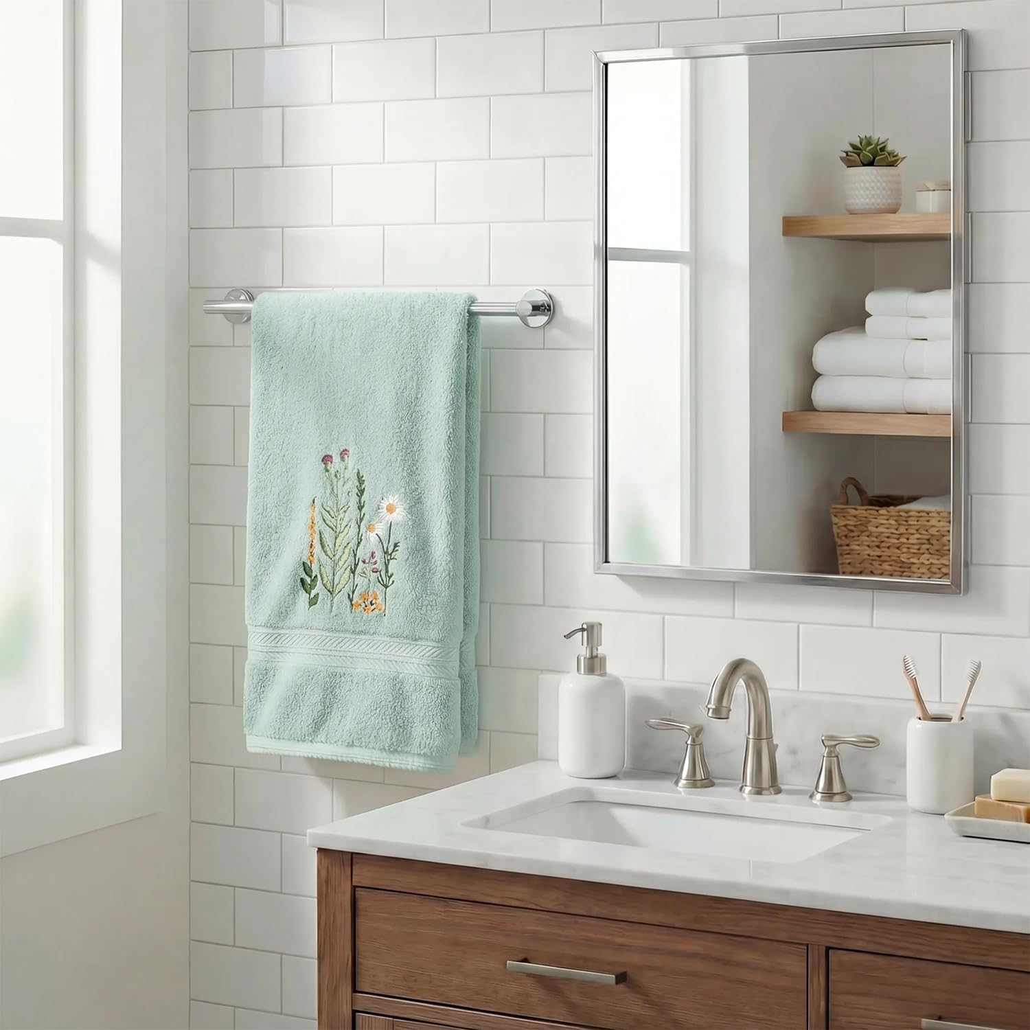 Artoid Mode 1 Pc Pale Green Wildflower Floral Embroidered Hand Towels for Bathroom, Cotton Soft Absorbent Farmhouse Decor Towels, 13.7 x 29.5 Inch image 2