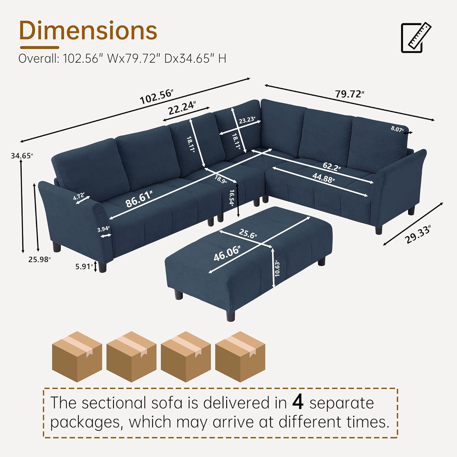102" L Shape Sectional Couch with Ottoman,6 Seat Convertible Modern Corner Sofa Sectional with Removable Covers for Living Room, Blue