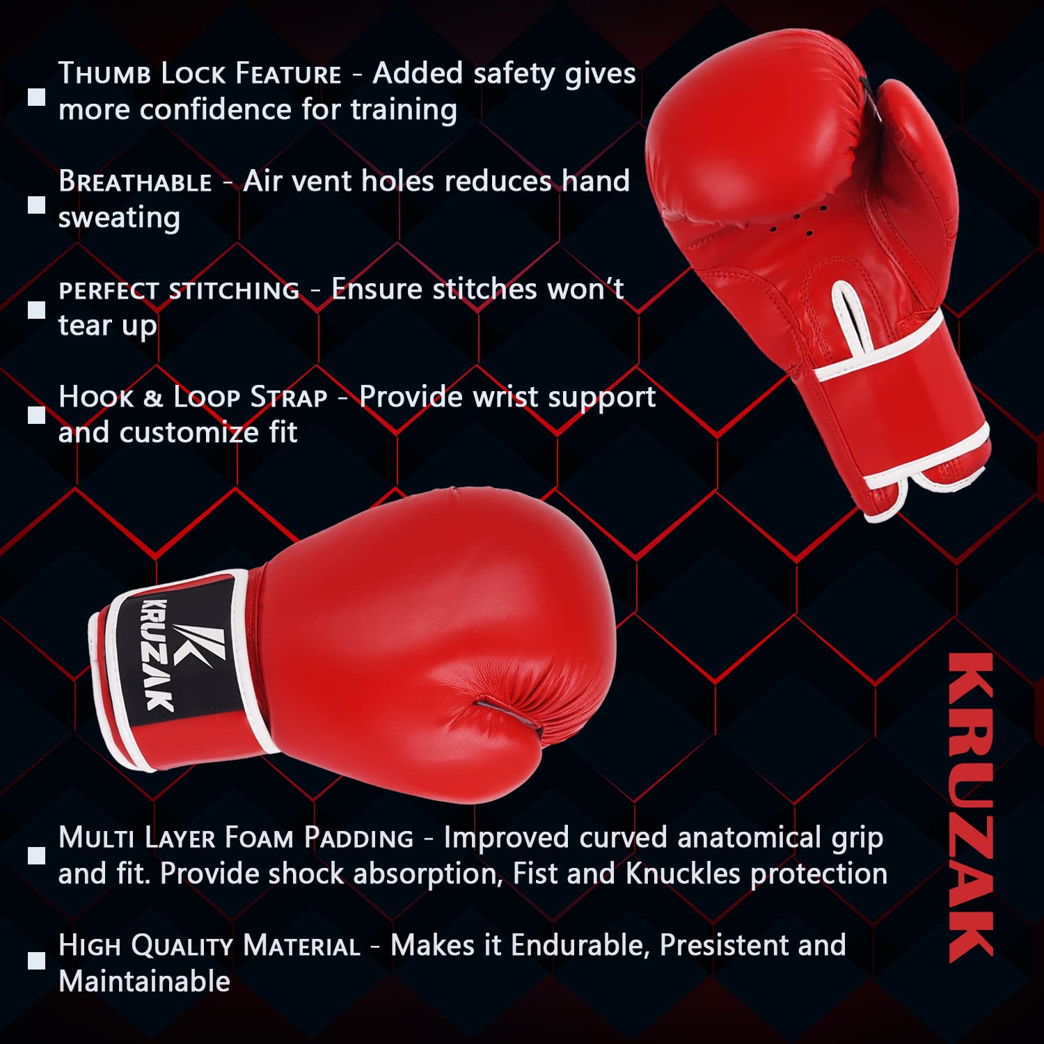 Kruzak Jednokolorowe rękawice bokserskie do sparingów, kickboxingu, muay thai, sztuk walki i walki MMA, dla mężczyzn i kobiet, rękawice treningowe, podkładki do ustawiania ostrości, czerwone, 400 ml