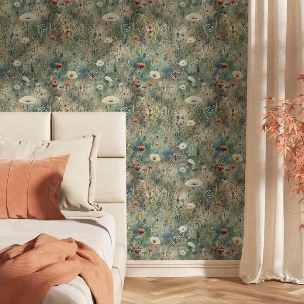 MuralPeel Papier peint autocollant à décoller et à coller pour chambre à coucher, armoire, locataire, motif fleurs blanches, fleurs blanches, vert clair