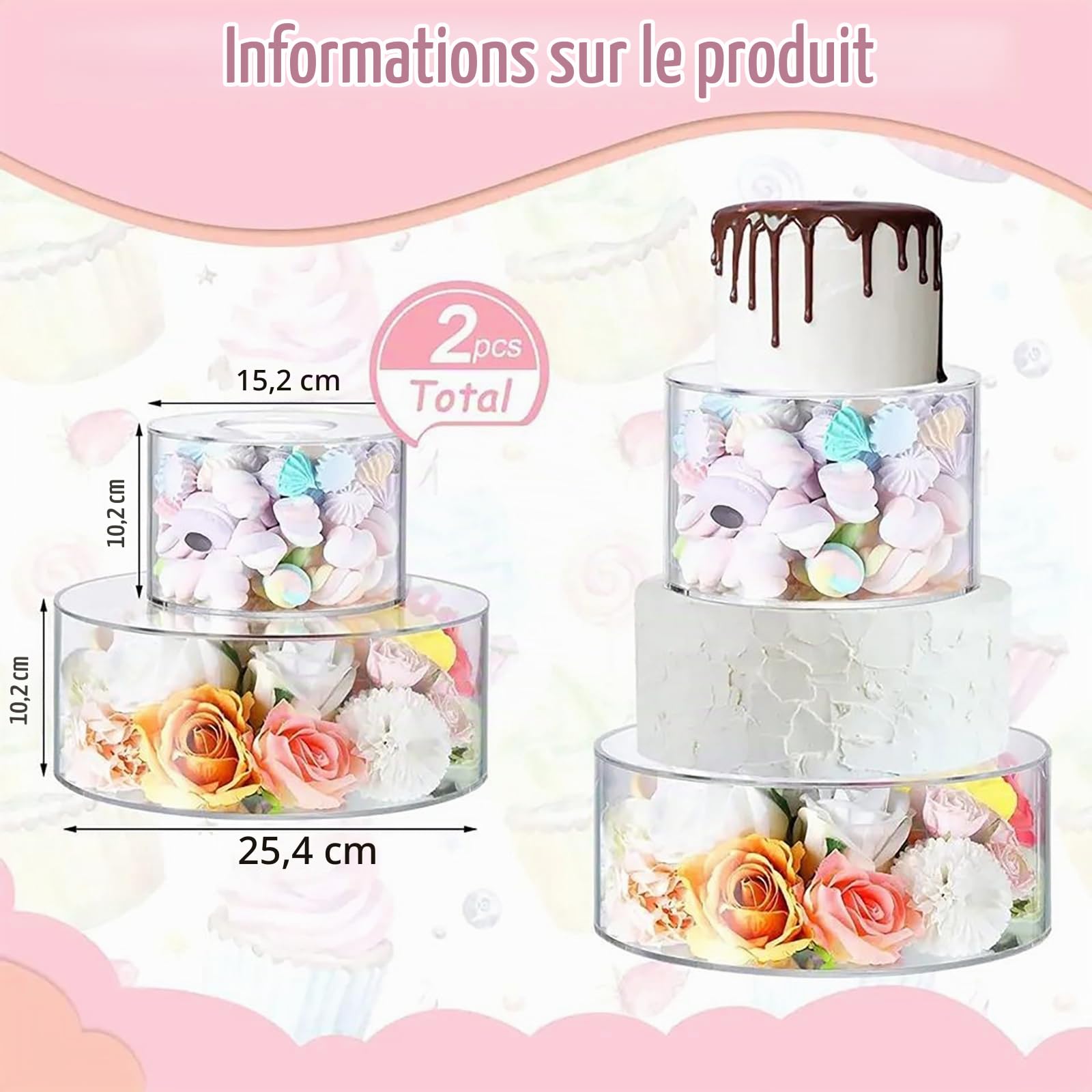NEWFUN Presentoir Gateau,Présentoir à Gâteaux Transparent en Acrylique Remplissable, Pièce Maîtresse pour Les Fêtes d'anniversaire, 2 Présentoirs à Gâteaux Transparents Remplissables