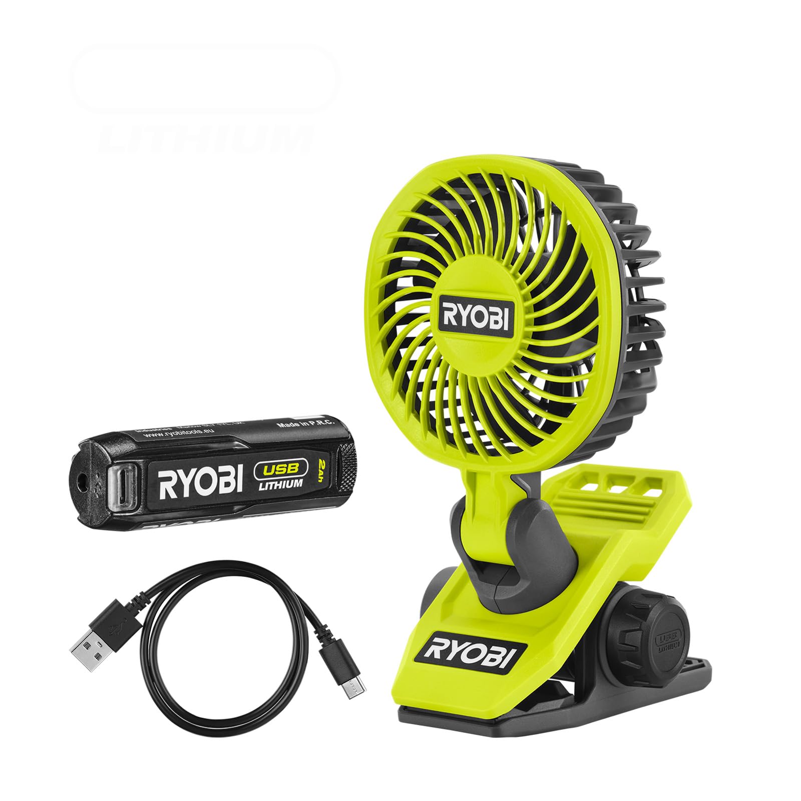 RYOBI RCF4-120G, Ventilatore Portatile a Pinza, Girevole a 180° e Rotante a 360°, Silenzioso, per Superfici Fino a 32mm, Ø 9cm, 1 Batteria da 2,0Ah Inclusa Ricaricabile con USB-C