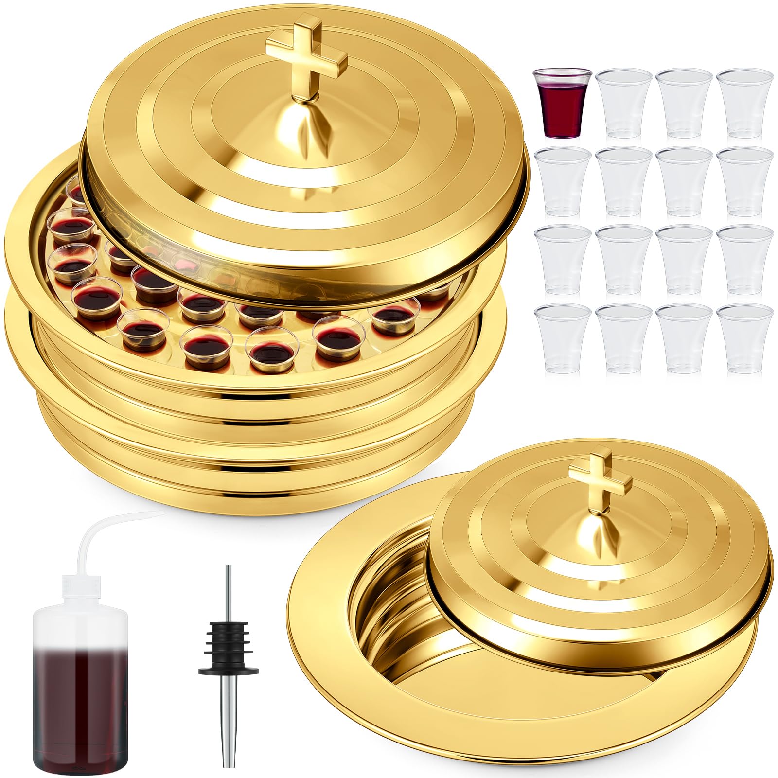 Zhehao Kommunion-Set Heilige Tabletts für Kirchen mit Deckel, Kommunionsteller mit Deckel, Kirchen, Tassen, Füllstoff und Einwegbecher, Zubehör (2 Stück, Gold)
