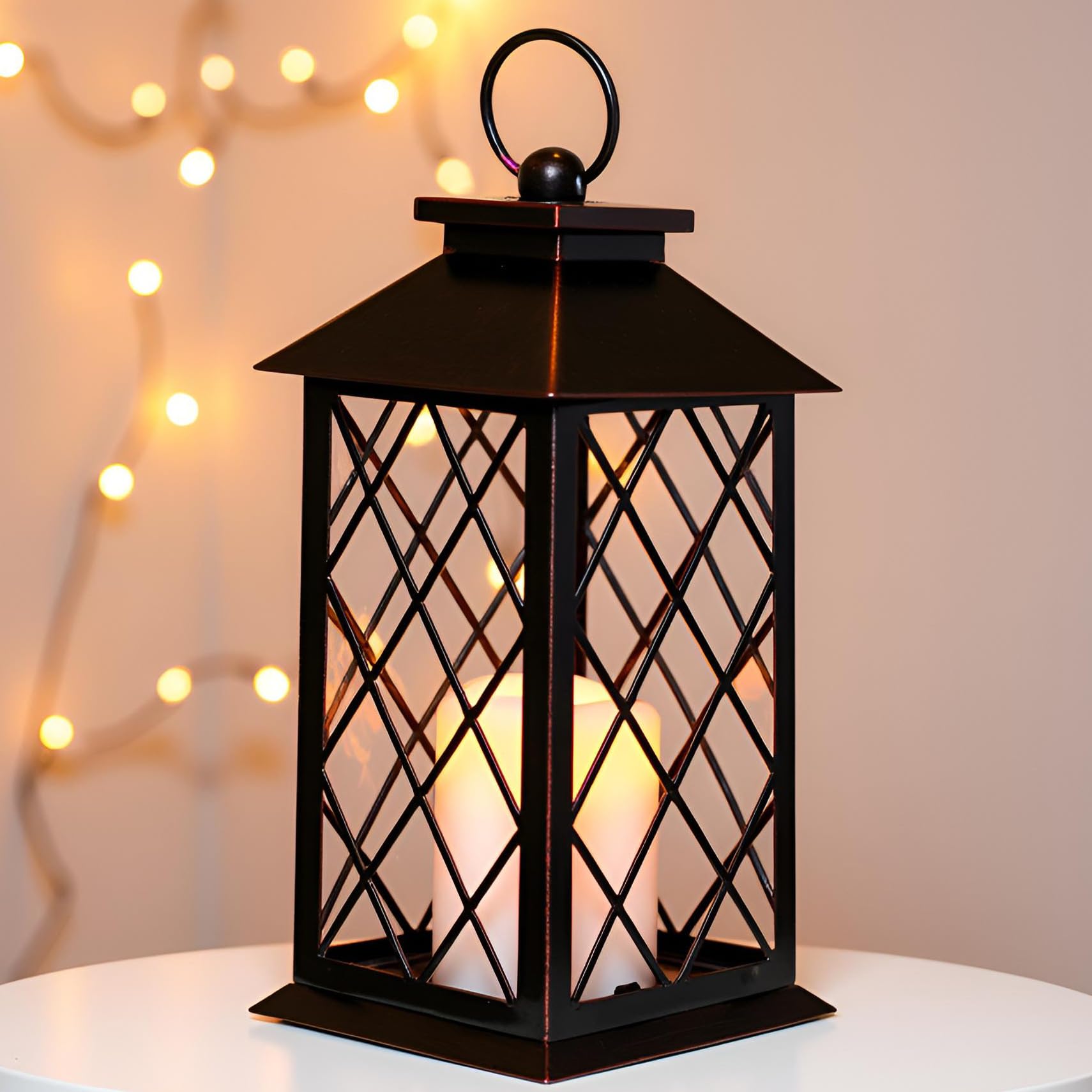 13" Metal Vintage Lantern with Pillar Flameless Candles, Battery Operated Decorative Hanging Retro Iron Lantern with Timer LED Plastic Candle (Bronze)