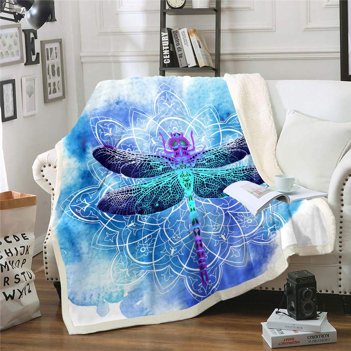 Loussiesd Bohemian Mandala Sherpa Blanket Watercolor Dragonfly Print Fleece Throw Blanket Blue Tie Dye Manada Floral Plush Blanket Boho Psychedelic Fuzzy Blanket for Sofa Bed Couch Double 60x79 Inch