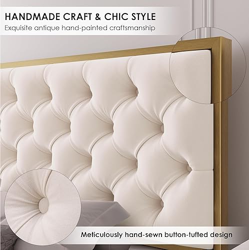 Miniatura 5 de HIFIT Base de cama tapizada tamaño matrimonial con 4 cajones de almacenamiento y cabecera capitonada con botones hecha a mano, cama de