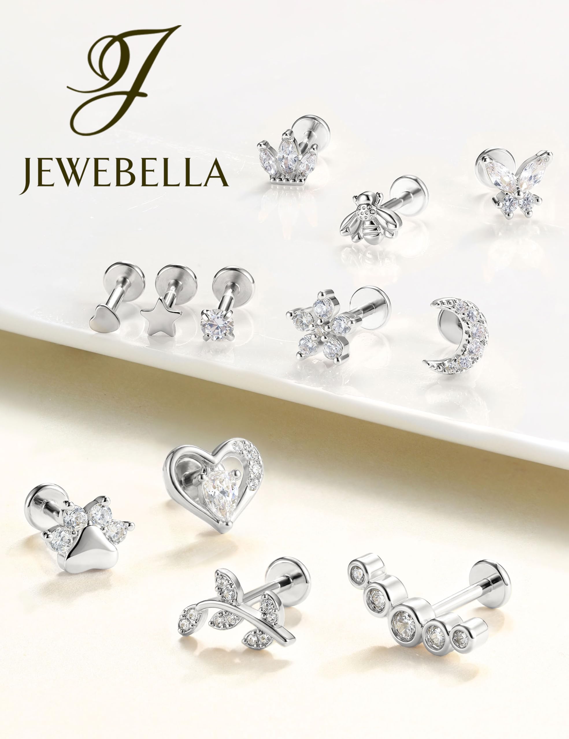 JewBella 12 Pezzi 16G Cartilagine Helix Orecchini per Donna Uomo Acciaio Chirurgico Filettato Internamente CZ Luna Cuore Stella Foglia Labret Monroe Naso Stud Piercing Conch Trago Helix Argento/Oro