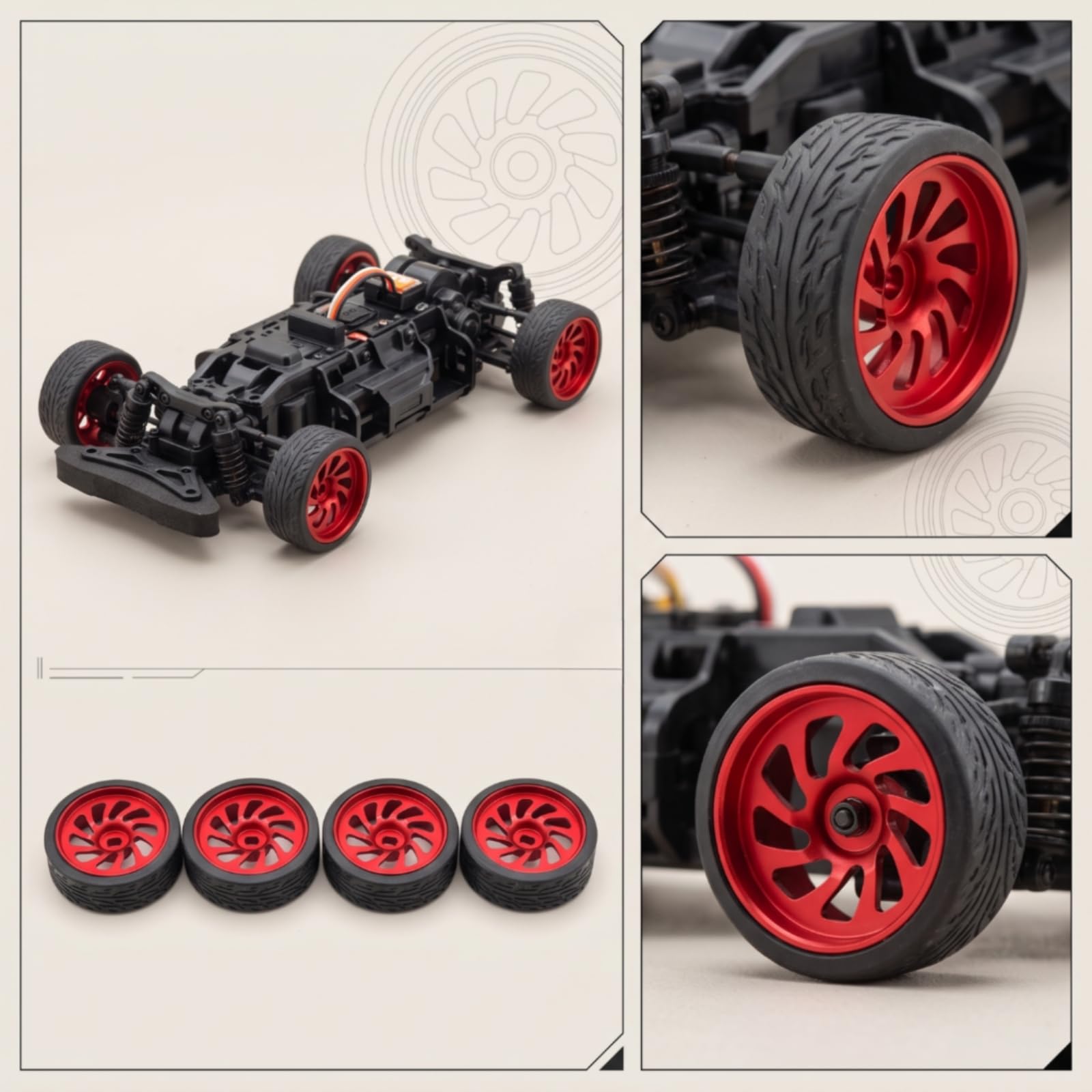 Ruota Miniatura Veicolo Radiocomandato Cerchio Pneumatico Mozzo Upgrade Gomma Nera E Cerchio Multirazze per Guida Precisa E Tenuta su Superfici Miste, 1 28, Rosso