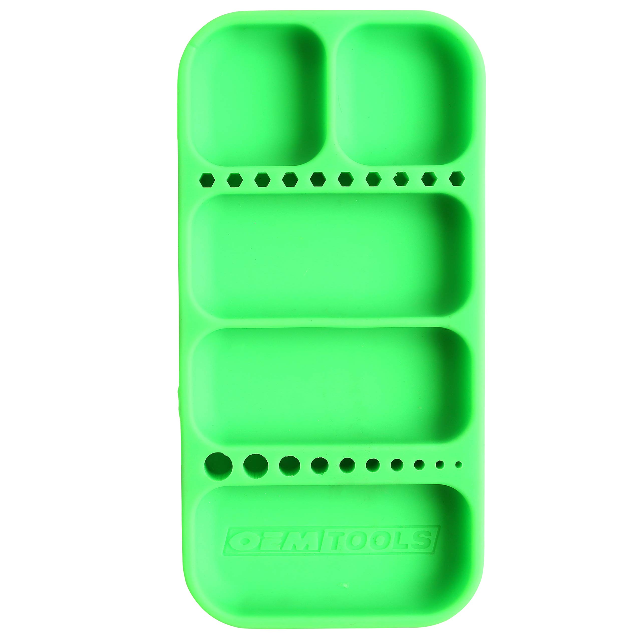 OEMTOOLS 22414 Flexible Tray, Small Rubber Tool Mat Tray, Heat and Oil Resistant Silicone Tool Tray, Easily Pick Up Parts from Round-Bottom Compartments, Green